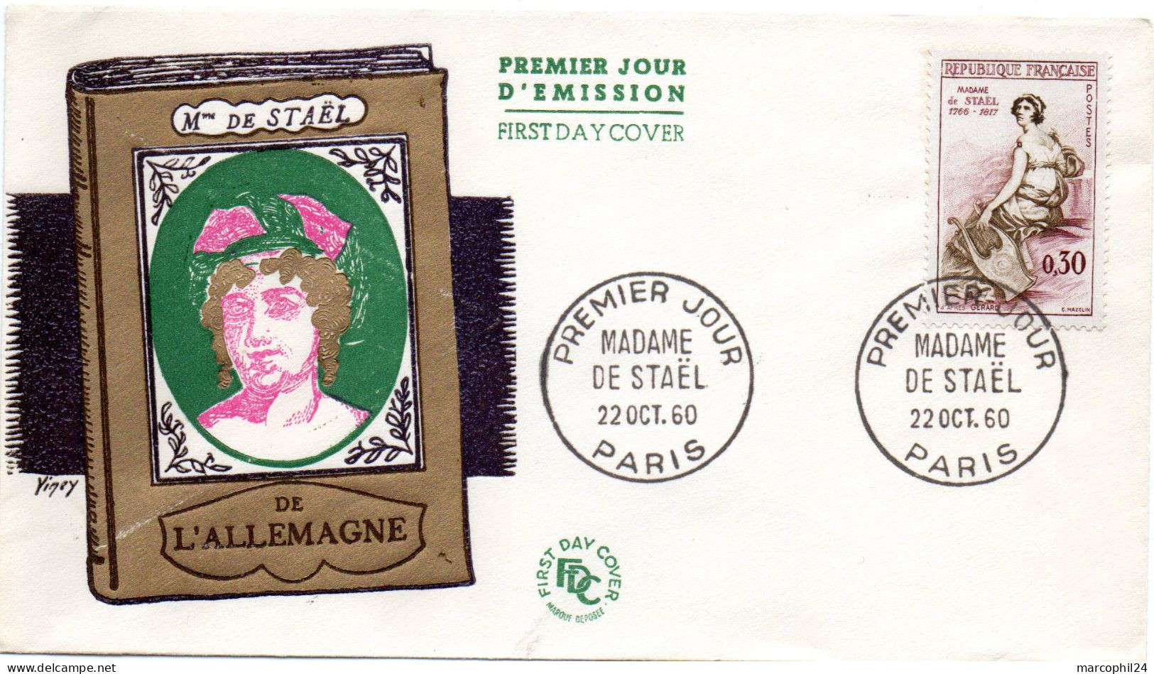 ECRIVAIN / Madame De STAEL = 75 PARIS 1960 = CACHET PREMIER JOUR N° 1269 Sur ENVELOPPE FDC + ALLEMAGNE - Ecrivains