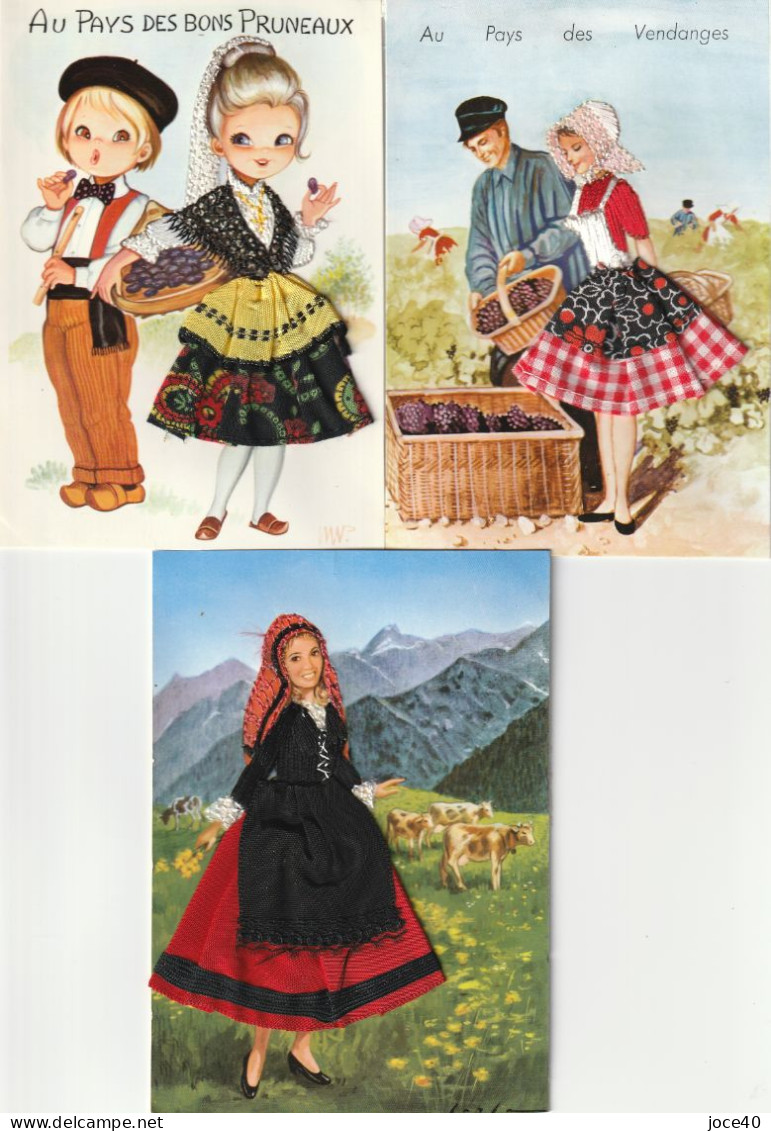 Lot De 3 Cartes Brodées Et Ajouts De Tissus Pour Les Costumes, Lot Et Garonne, Les Pyrénées, La Bourgogne - Bordados