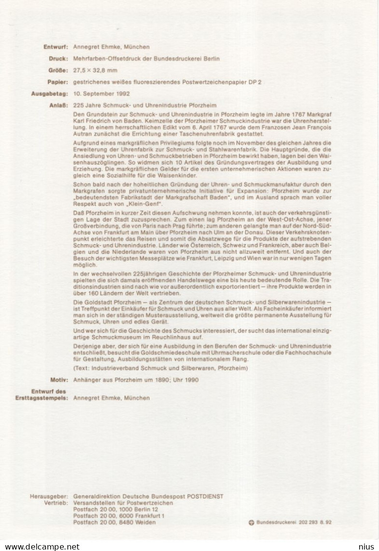 Germany Deutschland 1992-36 225 Jahre Schmuck Und Uhrenindustrie Pforzheim, Jewelry And Watch Industry, Canceled In Bonn - 1991-2000