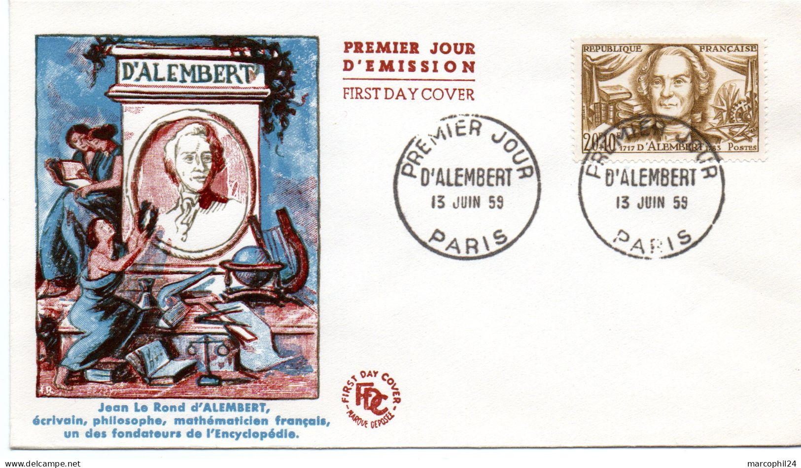 ECRIVAIN / D' ALEMBERT = 75 PARIS 1959 = CACHET PREMIER JOUR N° 1209 Sur ENVELOPPE FDC - Schriftsteller