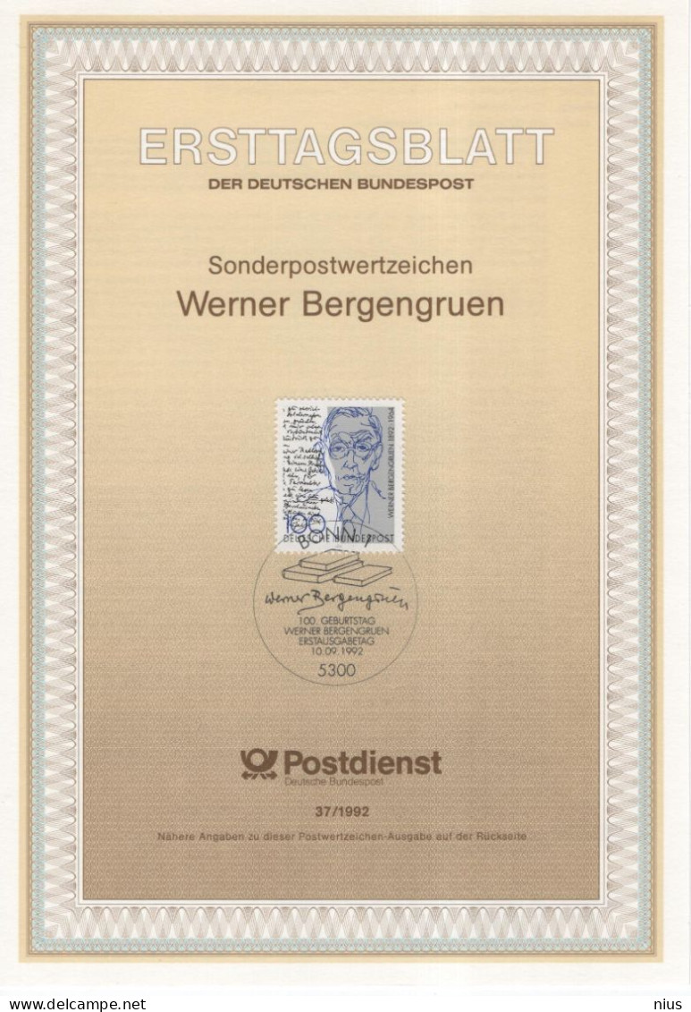 Germany Deutschland 1992-37 Werner Bergengruen, Baltic German Novelist And Poet, Canceled In Bonn - 1991-2000
