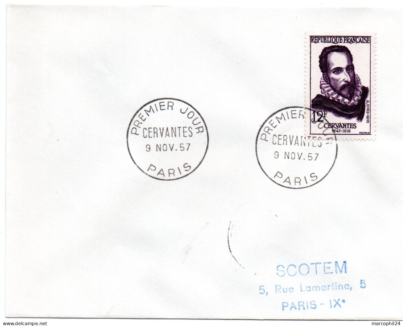 ECRIVAIN / CERVANTES = 75 PARIS 1957 = CACHET PREMIER JOUR N° 1134 Sur ENVELOPPE ENTIERE - Ecrivains