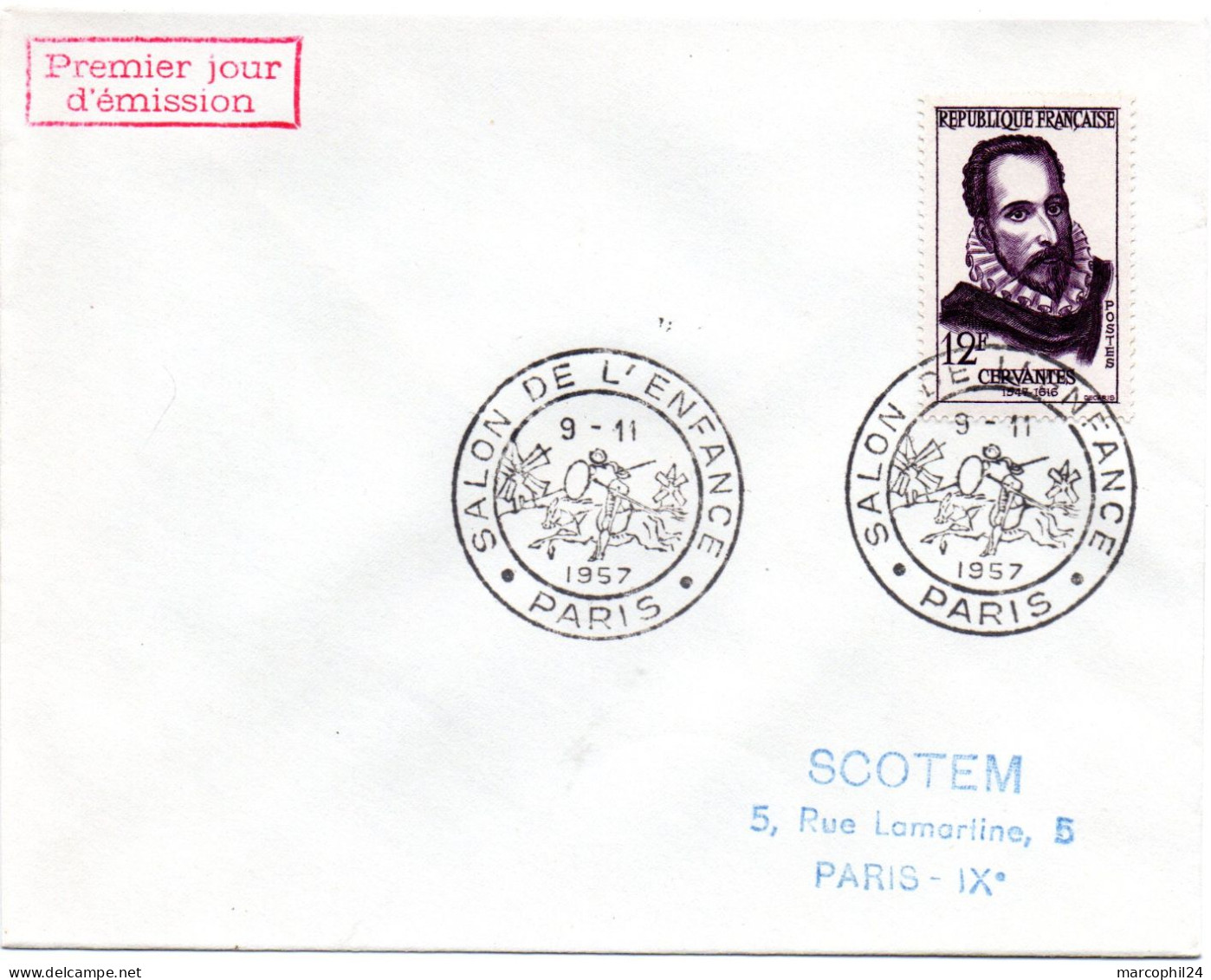 ECRIVAIN / CERVANTES = 75 PARIS 1957 = CACHET PREMIER JOUR / SALON De L' ENFANCE N° 1134 Sur ENVELOPPE ENTIERE - Ecrivains