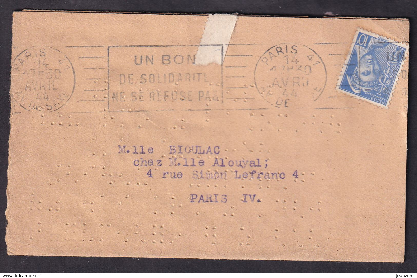 Lettre ʘ Paris 14.04.1944 Aff 10c Mercure Tarif Cécogramme -> Paris - Tarifas Postales