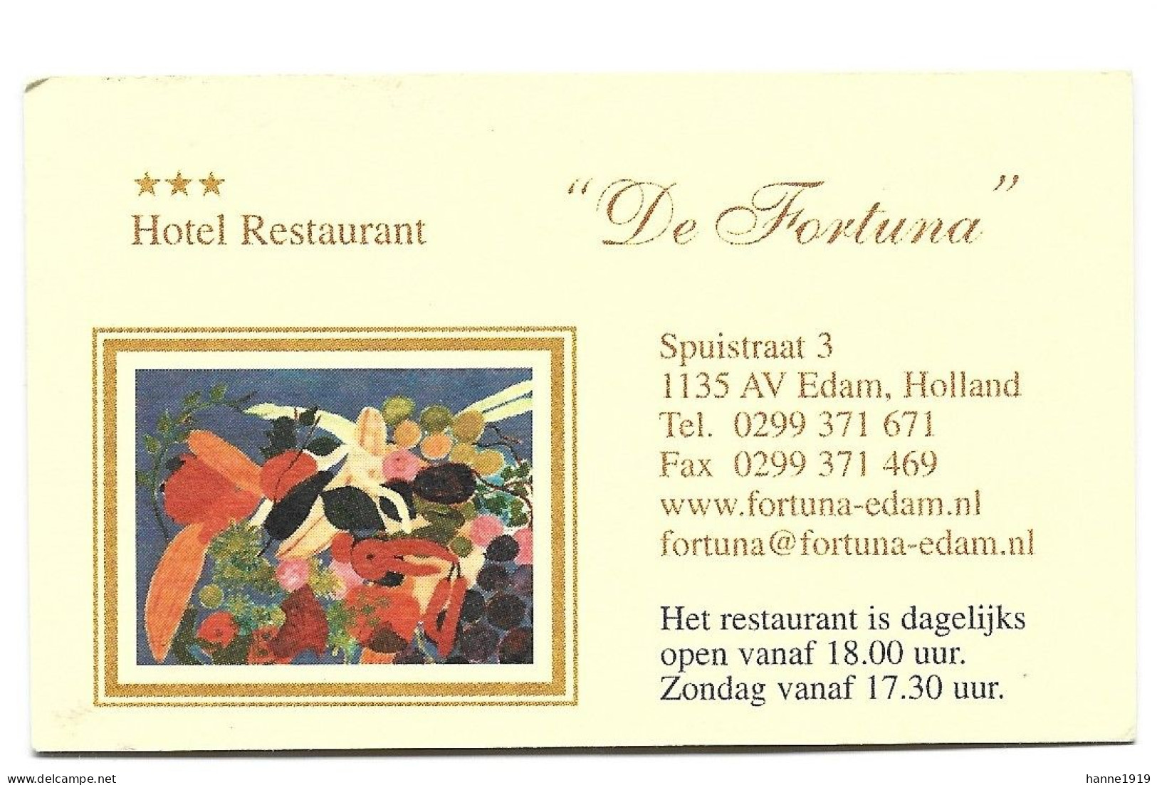 Edam Spuistraat Hotel Restaurant De Fortuna Etiquette Visitekaartje Htje - Cartes De Visite