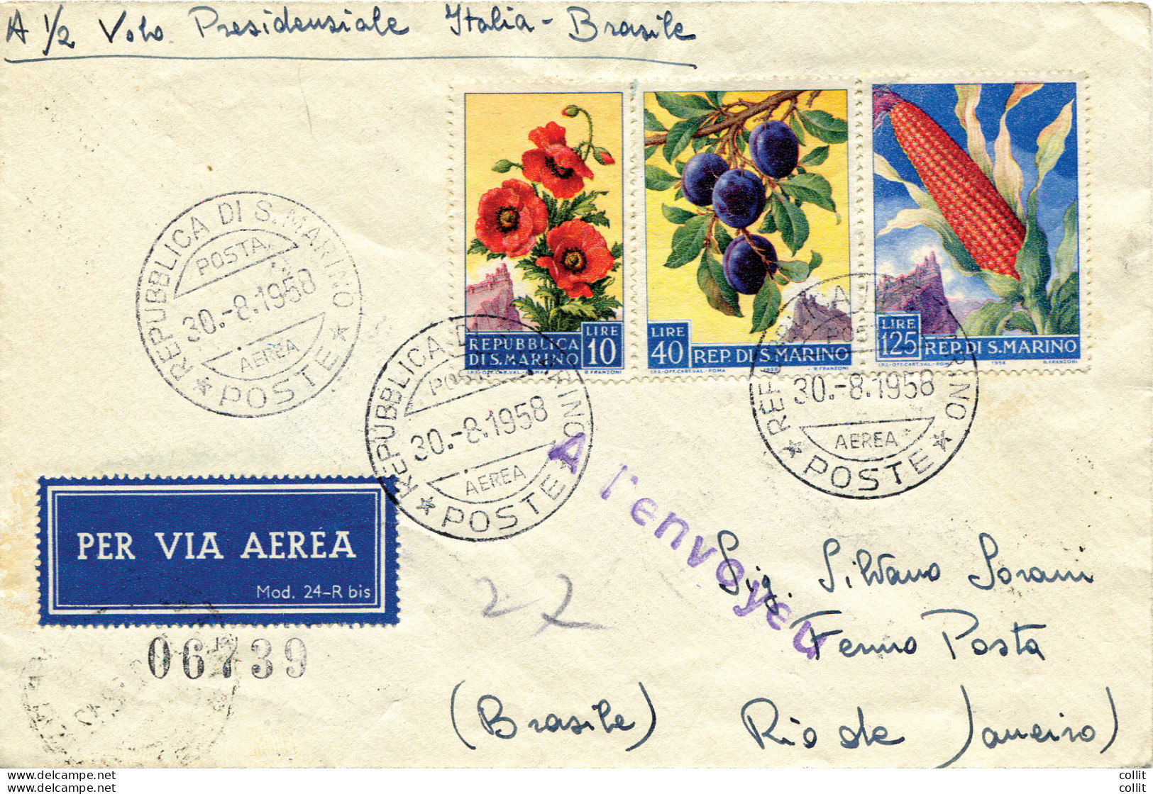 Alitalia Roma/Rio De Janeiro Del 3.9.58 - Aerogramma 2 Da RSM - Airmail