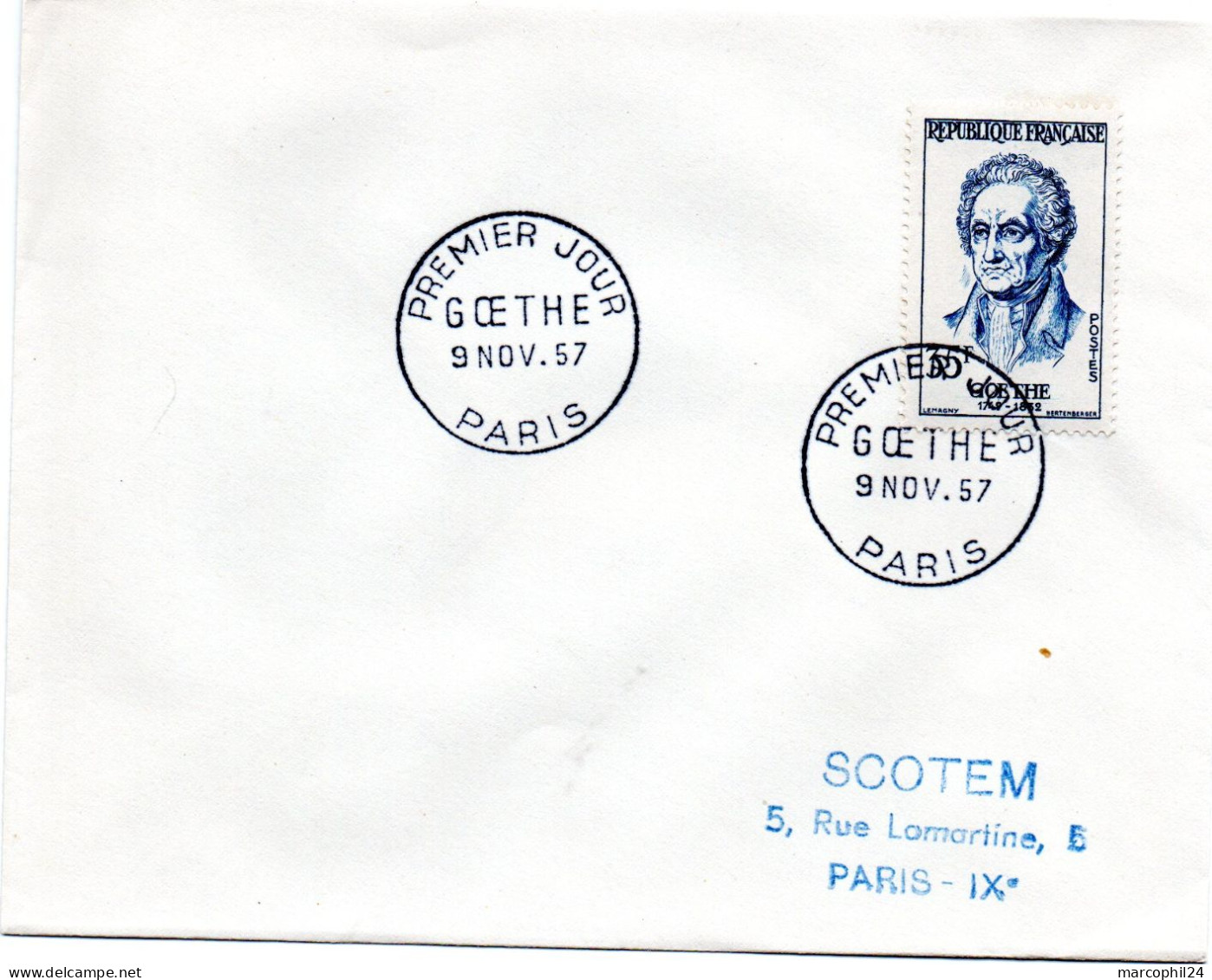 ECRIVAIN / GOETHE = 75 PARIS 1957 = CACHET PREMIER JOUR N° 1138 Sur ENVELOPPE ENTIERE - Ecrivains