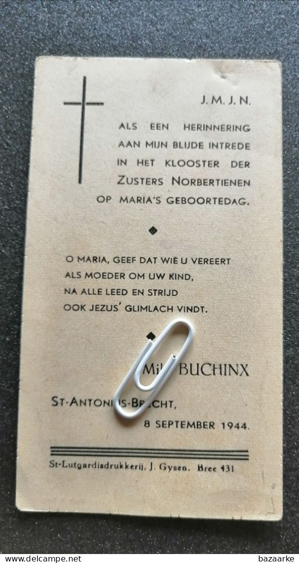 ST. ANTONIUS  BRECHT 1944 / HERINNERING INTREDE IN HET KLOOSTER ZUSTERS DER  NORBERTIENEN / MILY BUCHINX - Devotion Images