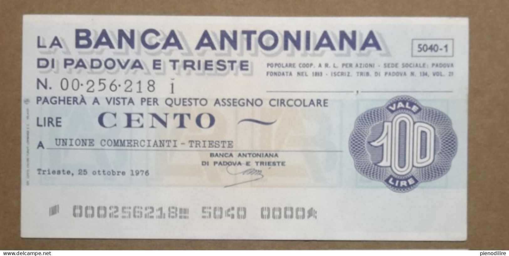 BANCA ANTONIANA DI PADOVA E TRIESTE, 100 Lire 15.11.1976 UNIONE COMM. TRIESTE (A1.60) - [10] Assegni E Miniassegni