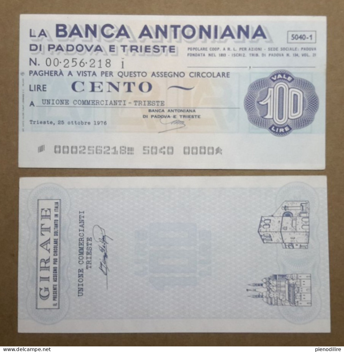 BANCA ANTONIANA DI PADOVA E TRIESTE, 100 Lire 15.11.1976 UNIONE COMM. TRIESTE (A1.60) - [10] Scheck Und Mini-Scheck