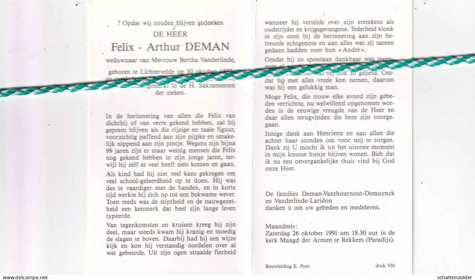 Felix Arthur Deman-Vanderlinde, Lichtervelde 1892, Menen 1991. Foto - Obituary Notices