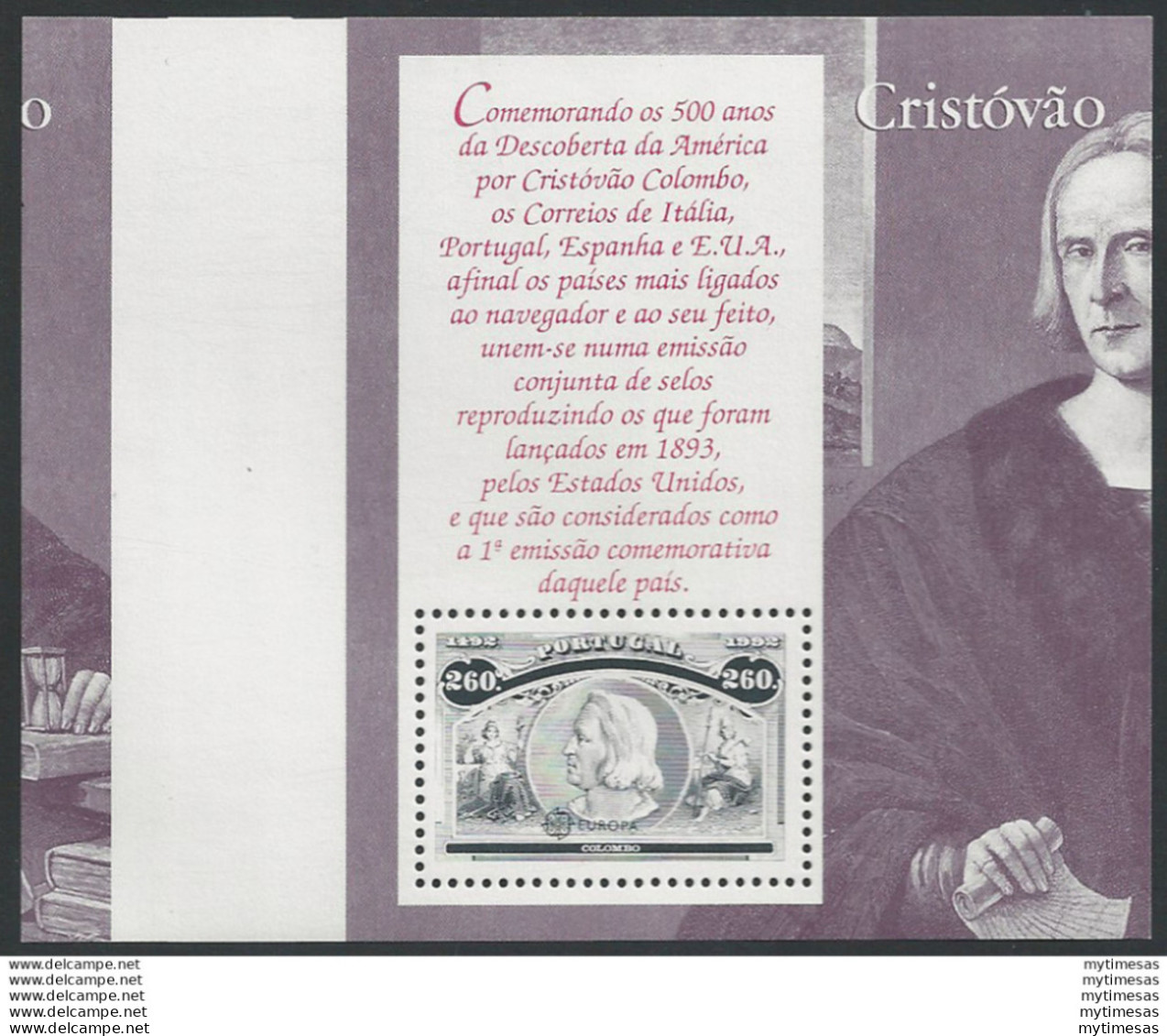 1992 Portogallo Cristoforo Colombo 1 BF MNH Unif. BF N. 90 Varietà - Altri & Non Classificati