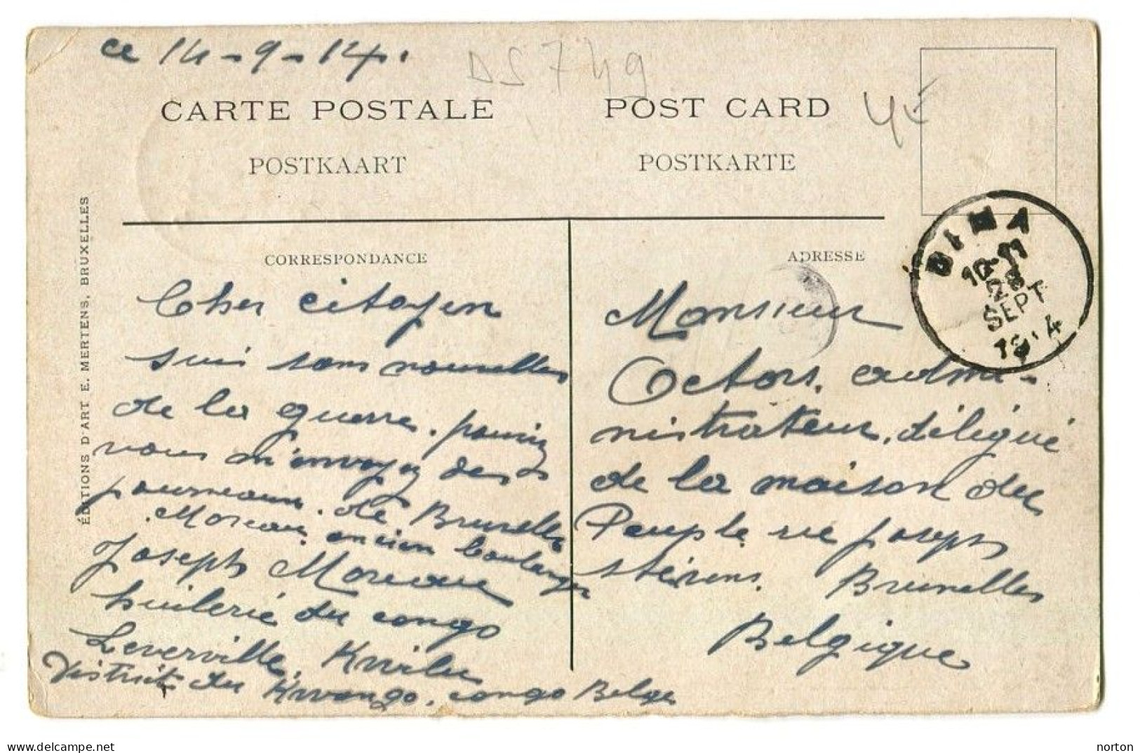 Congo Dima Oblit. Keach 1.2-tDMY Sur C.O.B. 55 Sur Carte Postale Vers Bruxelles Le 29/09/1914 - Covers & Documents