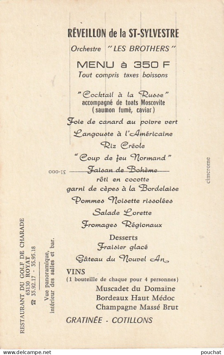 GU 14 -(63) ROYAT - RESTAURANT DU GOLF DE CHARADE - MENU REVEILLON ST SYLVESTRE - CARTE MULTIVUES  COULEURS - 2 SCANS - Royat