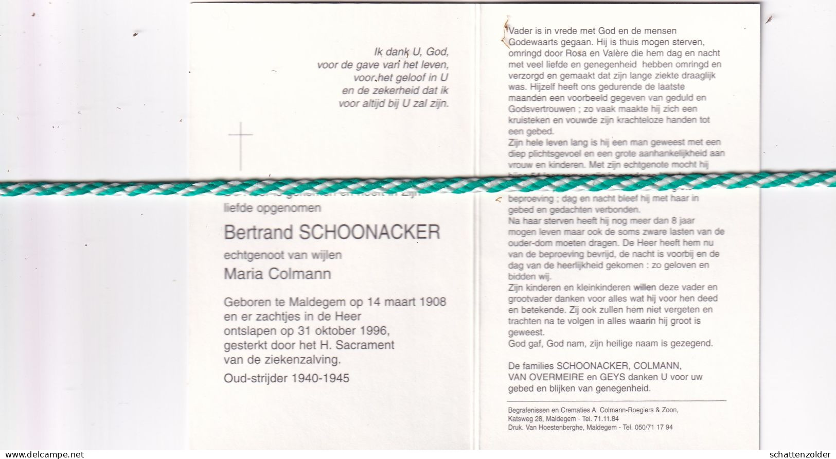 Bertrand Schoonacker-Colmann, Maldegem 1908, 1996. Oud-strijder 40-45 - Todesanzeige