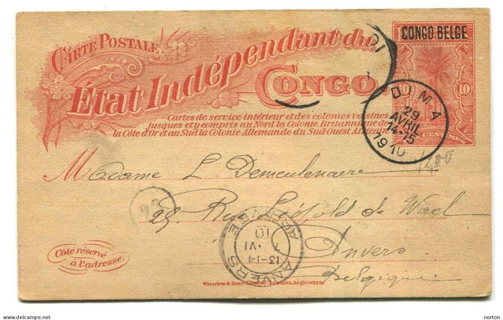 Congo Dima Oblit. Keach 1.1-DMtY Sur Entier Postal Vers Anvers Le 07/06/1910 - Storia Postale