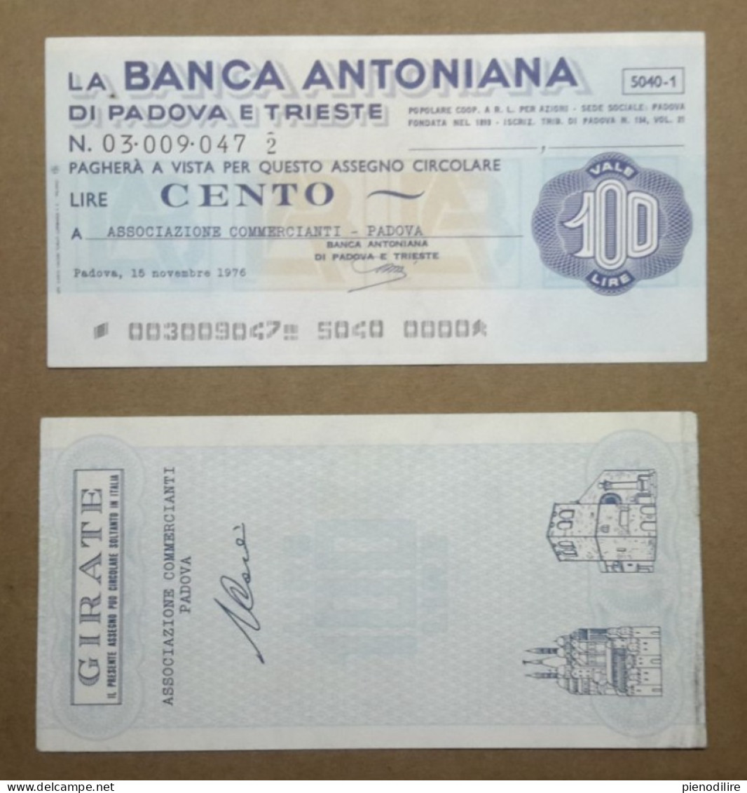 BANCA ANTONIANA DI PADOVA E TRIESTE, 100 Lire 15.11.1976 ASSOCIAZIONE COMMERCIANTI PADOVA (A1.61) - [10] Assegni E Miniassegni