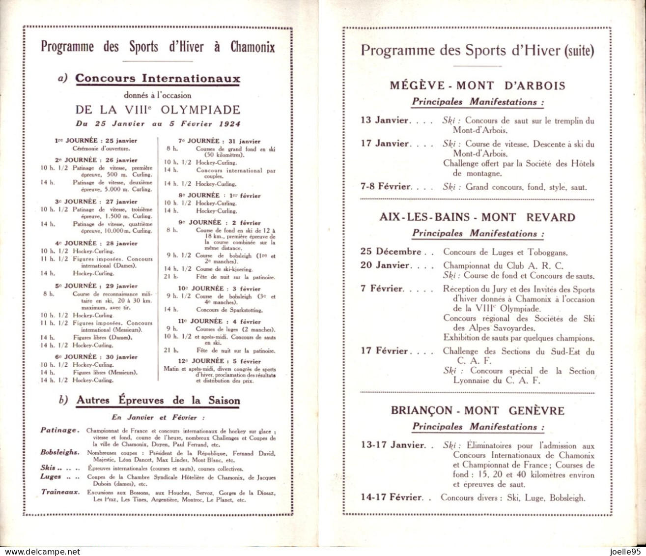 France - Chamonix Olympiade - Programme Des Sports - 1924 - Complete - Andere & Zonder Classificatie