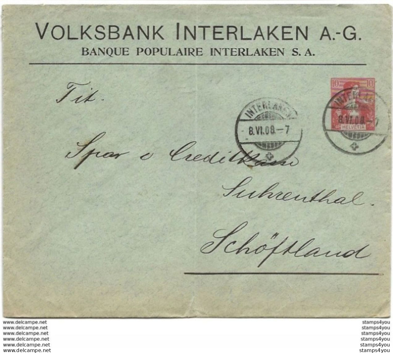 240 - 68 - Entier Postal Privé "Volksbank Interlaken AG 1908" Attention Léger Pli Vertical - Postwaardestukken