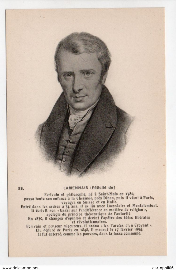 - CPA LAMENNAIS (Félicité De) - Écrivain Et Philosophe Français - Edition Chapeau N° 53 - - Writers