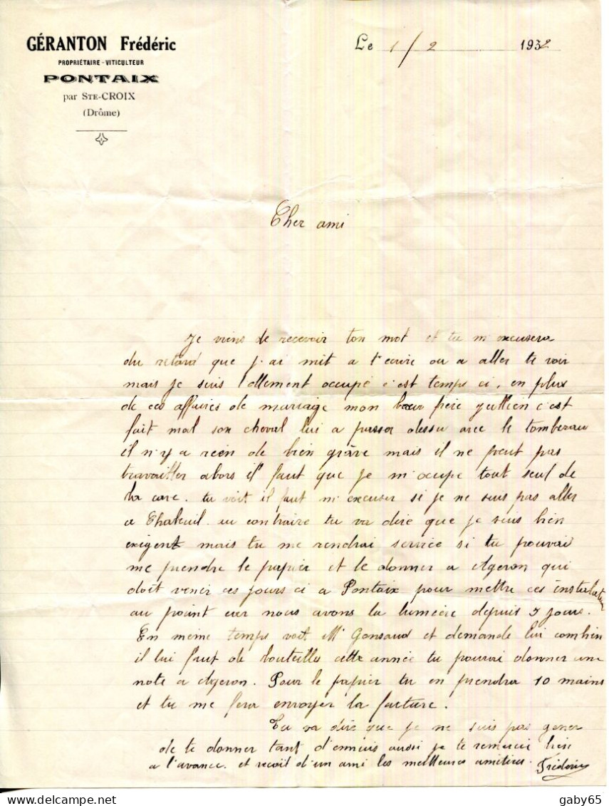 FACTURE.26.DRÔME.PONTAIX.SAINTE CROIX.GÉRANTON FRÉDÉRIC PROPRIÉTAIRE-VITICULTEUR. - Lebensmittel