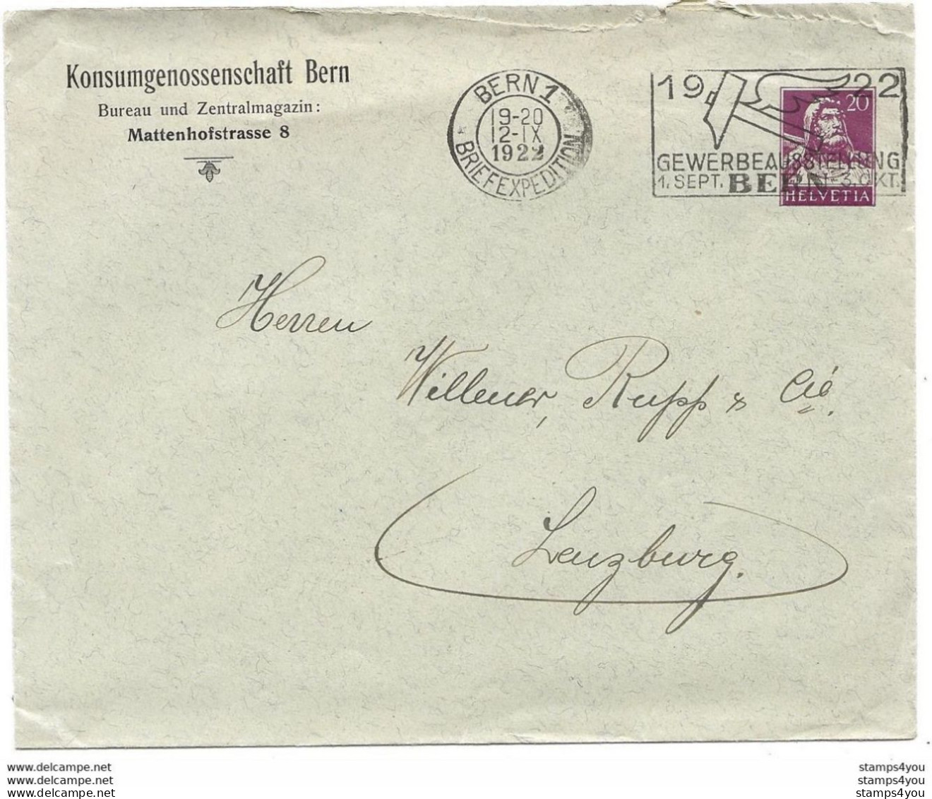 293 - 60 - Entier Postal Privé "Konsumgenossenschaft Bern" 1922 Oblit Mécanique Illustrée - Postwaardestukken