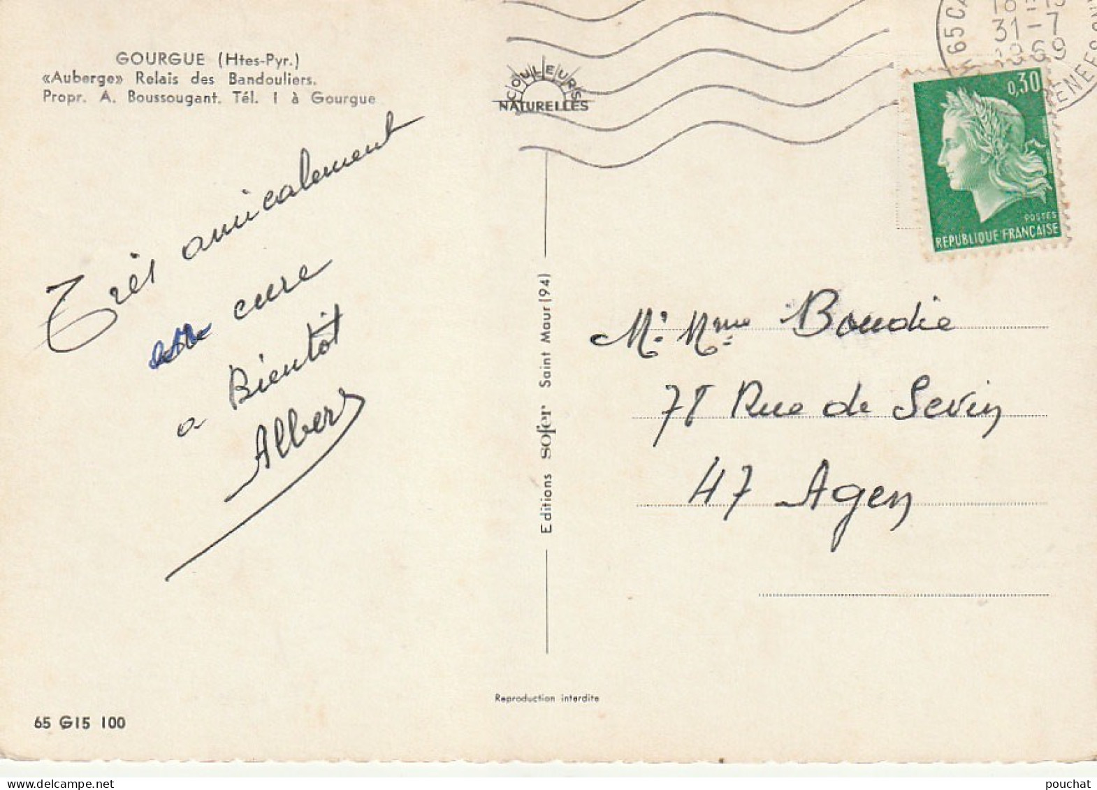 GU Nw -(65) GOURGUE - AUBERGE " RELAIS  DES BANDOULIERS  "- PROPRIETAIRE A. BOUSSOUGANT - CARTE COULEURS  -  2 SCANS - Autres & Non Classés