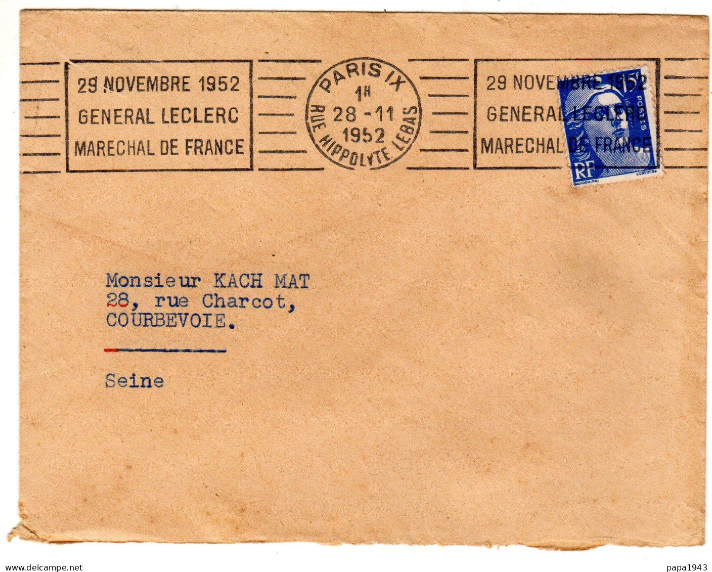 1952  CAD PARIS IX Rue Hippolyte LEBAS  " 29 Novembre 1952  GENERAL LECLERC " - Storia Postale
