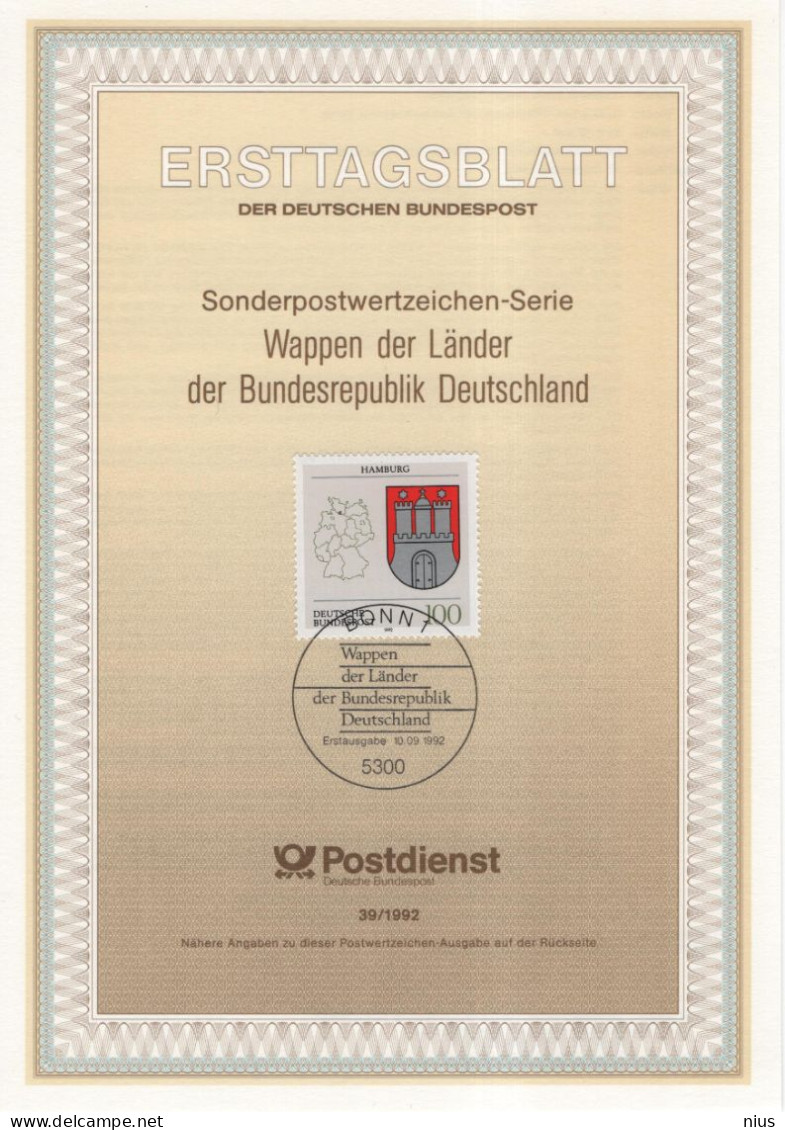 Germany Deutschland 1992-39 Freie Und Hansestadt, Wappen Der Lander, Hamburg, Canceled In Bonn - 1991-2000