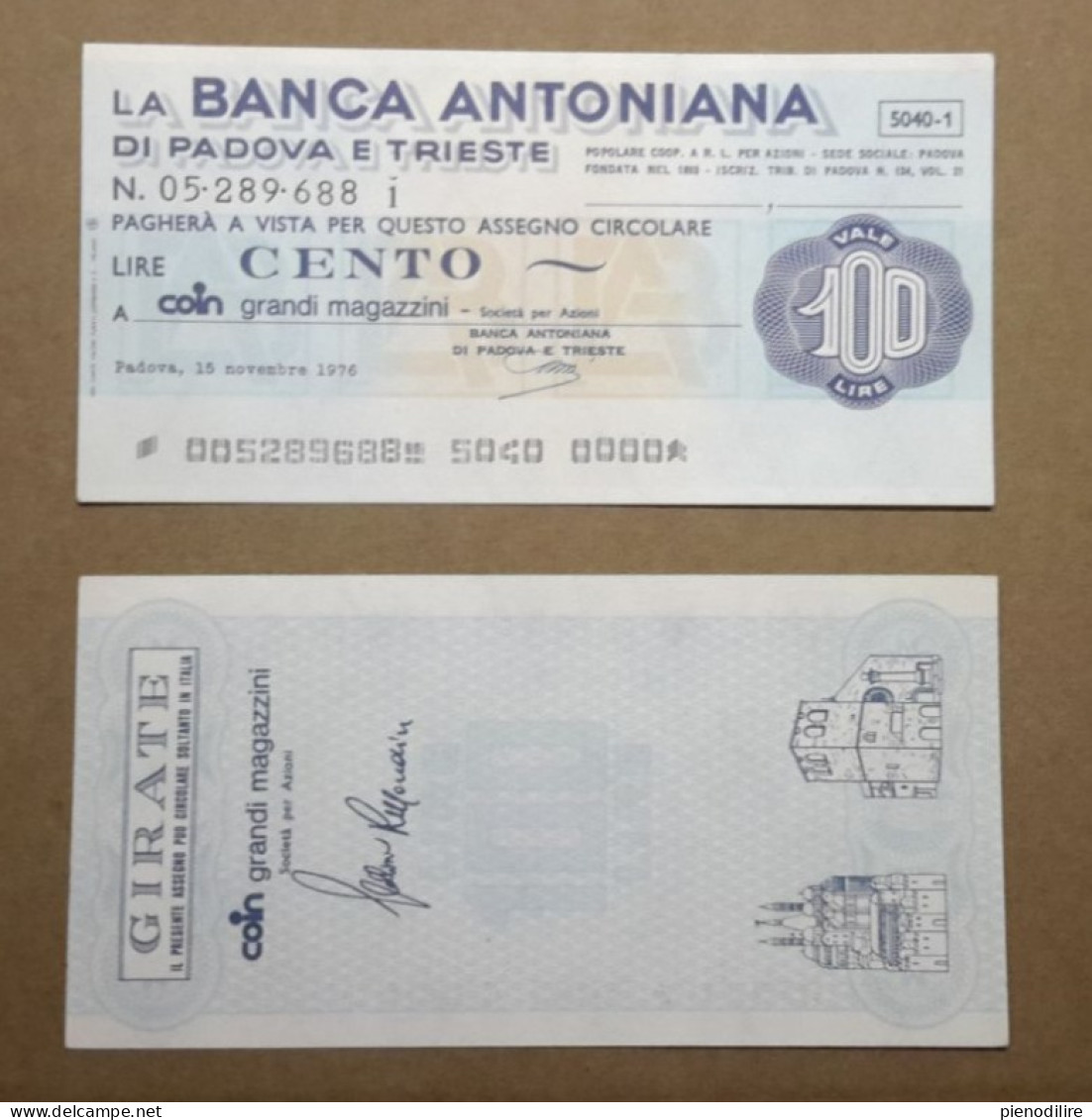 BANCA ANTONIANA DI PADOVA E TRIESTE, 100 Lire 15.11.1976 COIN GRANDI MAGAZZINI  (A1.62) - [10] Assegni E Miniassegni