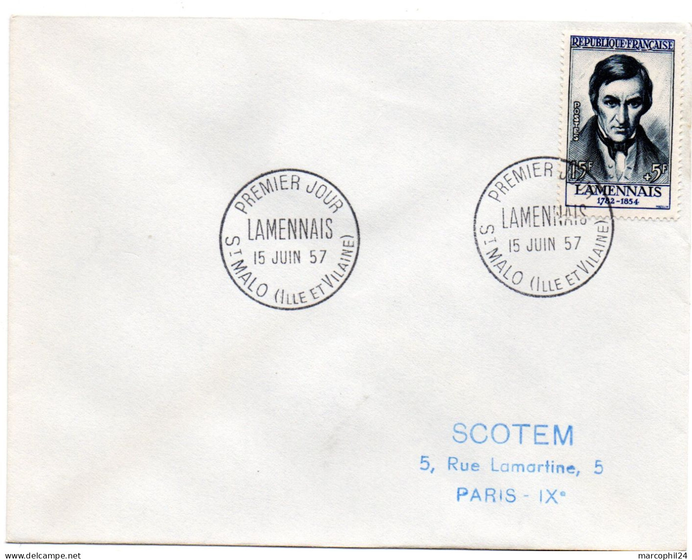 ECRIVAIN / LAMENNAIS = 35 SAINT MALO 1957 = CACHET PREMIER JOUR N° 1111 Sur ENVELOPPE ENTIERE - Writers