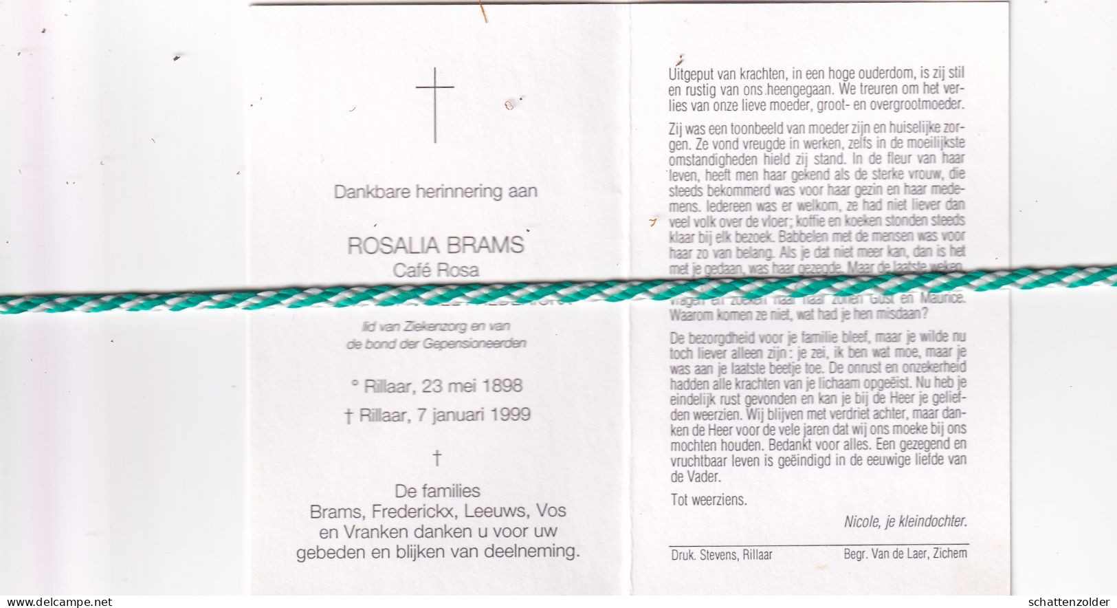 Rosalia Brams-Frederickx, Rillaar 1898, 1999. Honderdjarige. "Café Rosa". Foto - Obituary Notices