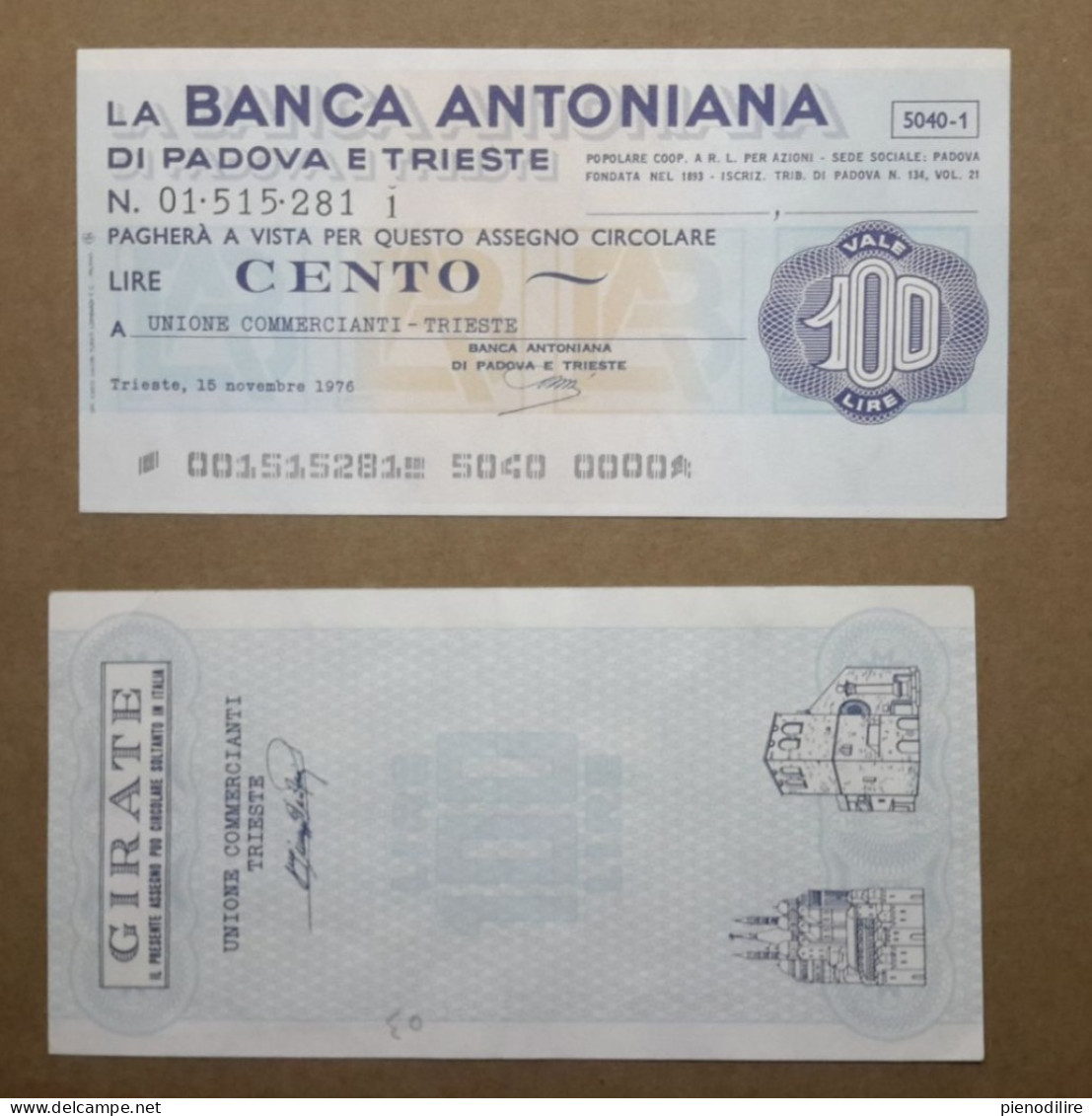 BANCA ANTONIANA DI PADOVA E TRIESTE, 100 Lire 15.11.1976 UNIONE COMMERCIANTI TRIESTE (A1.65) - [10] Assegni E Miniassegni