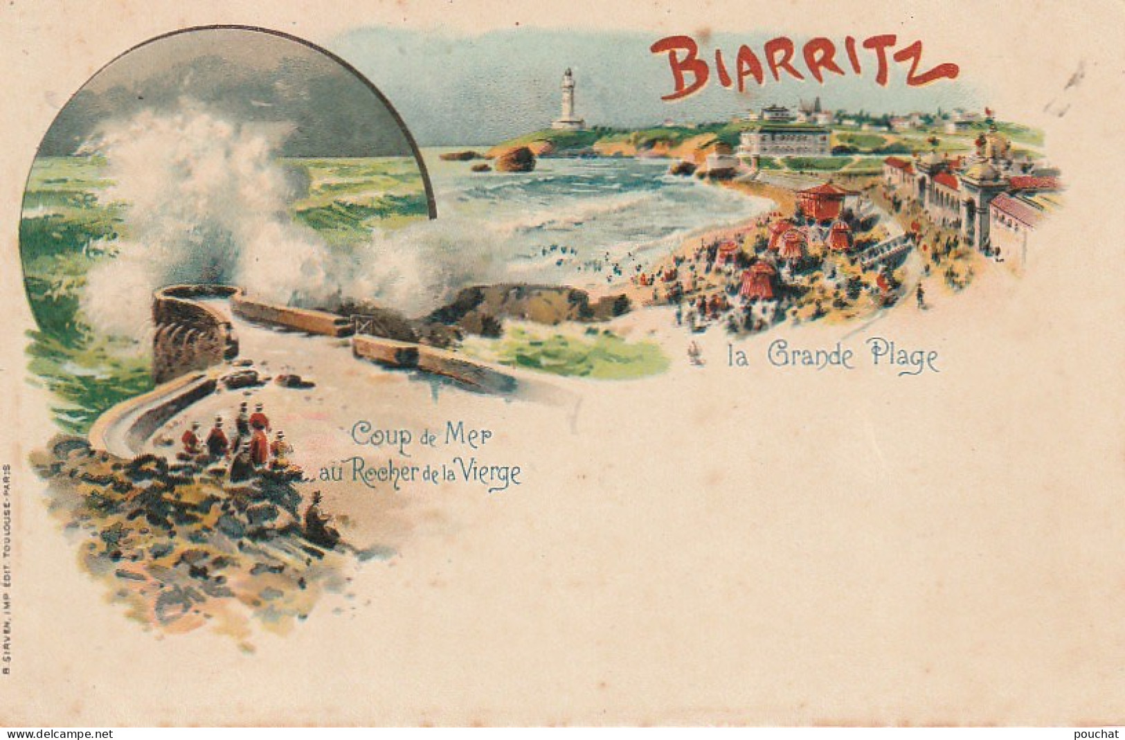 GU 24 -(64) BIARRITZ  - COUP DE MER AU ROCHER DE LA VIERGE - LA GRANDE PLAGE - CARTE FANTAISIE COLORISEE - ILLUSTRATION  - Biarritz