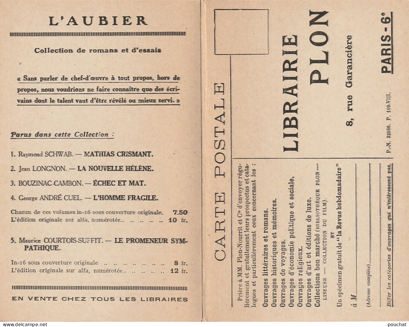 EP 27- COURTOIS SUFFIT , AUTEUR - PORTRAIT - CARTE DOUBLE PUB LIBRAIRIE PLON, PARIS - 3 SCANS - Schrijvers