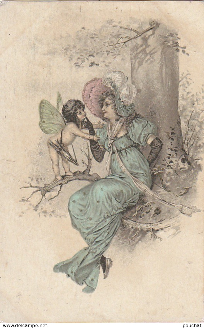 FI 8- FEMME AVEC CHERUBIN , CARQUOIS ET FLECHES - CARTE FANTAISIE ILLUSTRATION STYLE VIENNOISE - 2 SCANS - Femmes