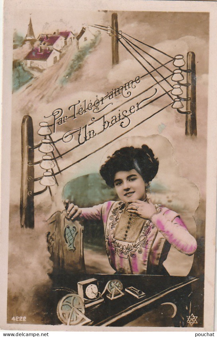 FI 8- " PAR TELEGRAMME , UN BAISER " - CARTE FANTAISIE - DECOR VILLAGE , CABLES TELEGRAPHIQUES- 2 SCANS - Vrouwen