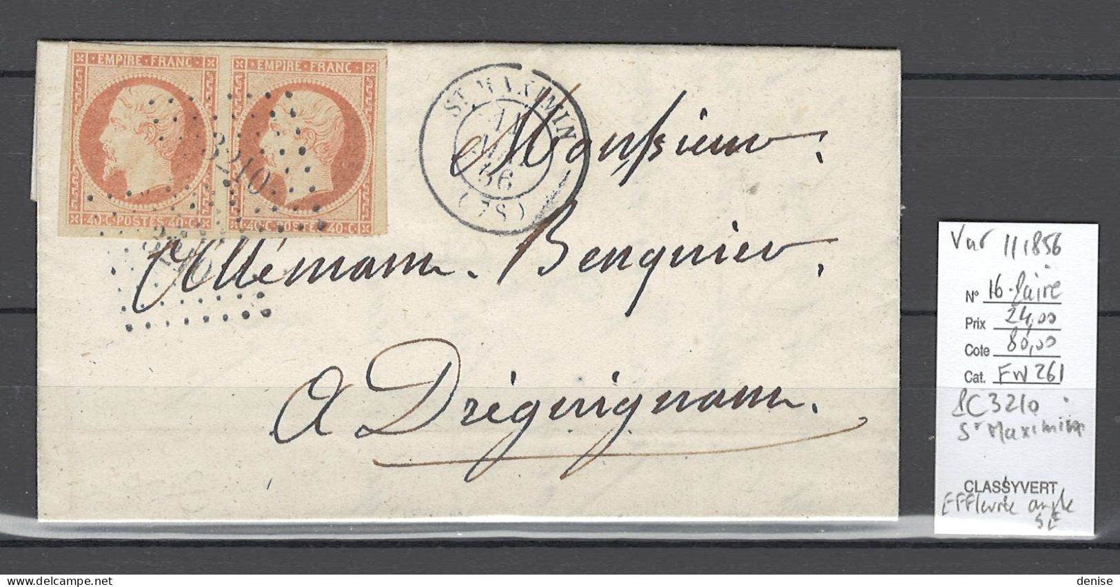 France - Lettre Yvert 16 En Paire - PC 3210 Saint Maximin - Var - 1856 - 1849-1876: Période Classique