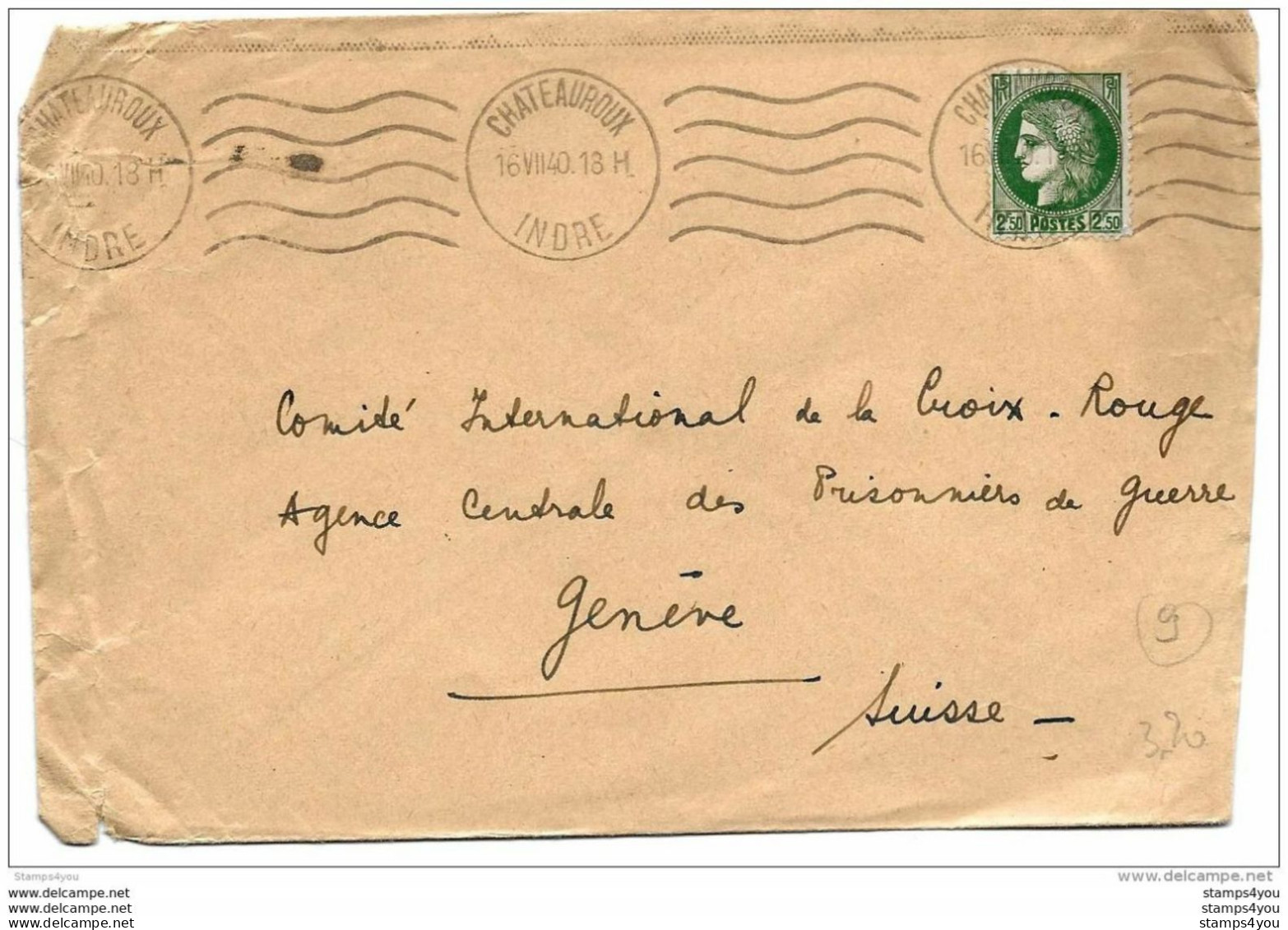 43-10 - Enveloppe Envoyée De Chateauroux/Indre Au Service Prisonniers De Guerre/Croix Rouge/Genève 1940 - 2. Weltkrieg