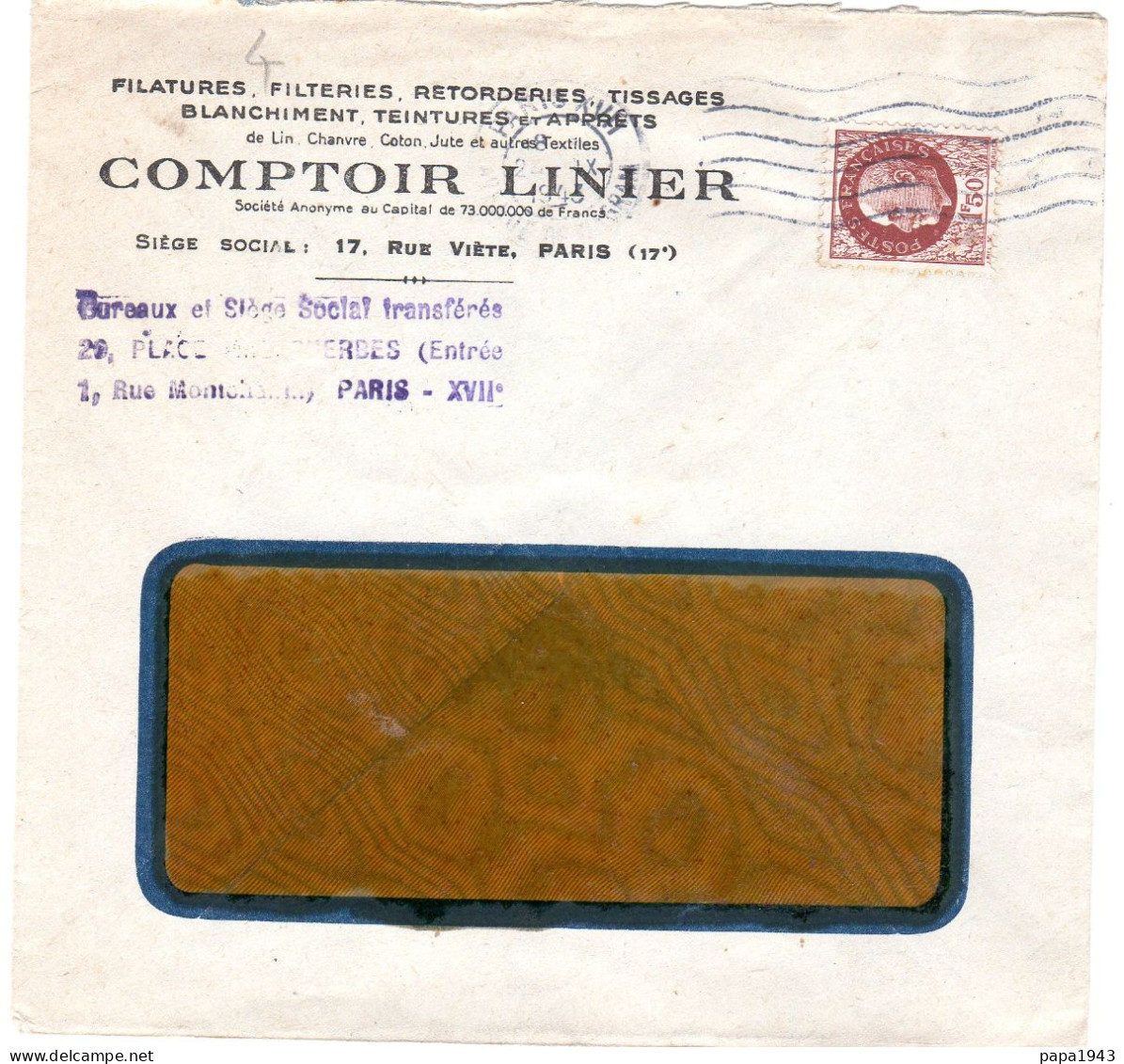 1943  "  COMPTOIR LINIER  17 Rue Viète PARIS VII  Filatures Filtreries " - Lettres & Documents