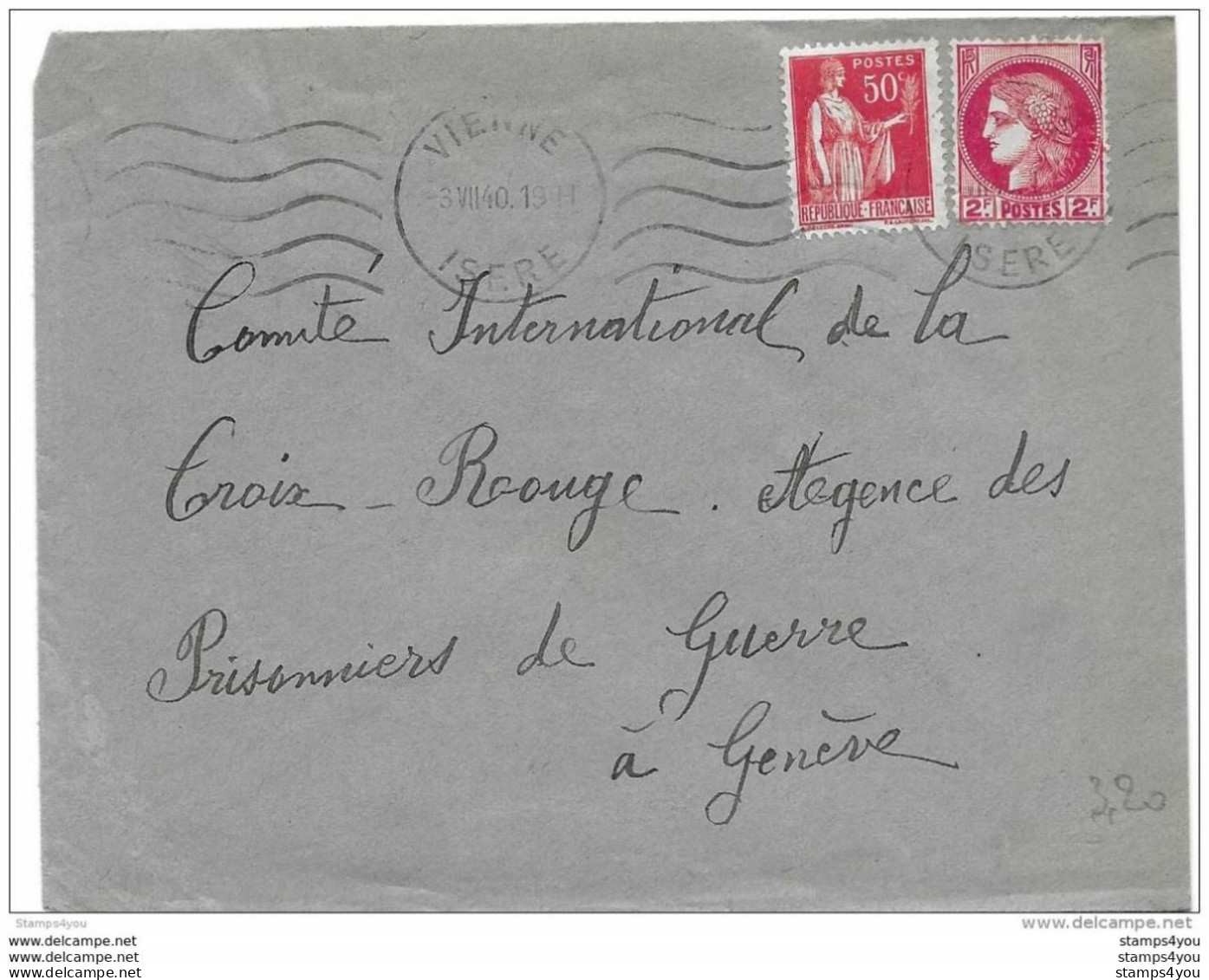 43-6 - Enveloppe Envoyée De  Vienne/Isère Au Service Prisonniers De Guerre/Croix Rouge Genève 1940 - WO2