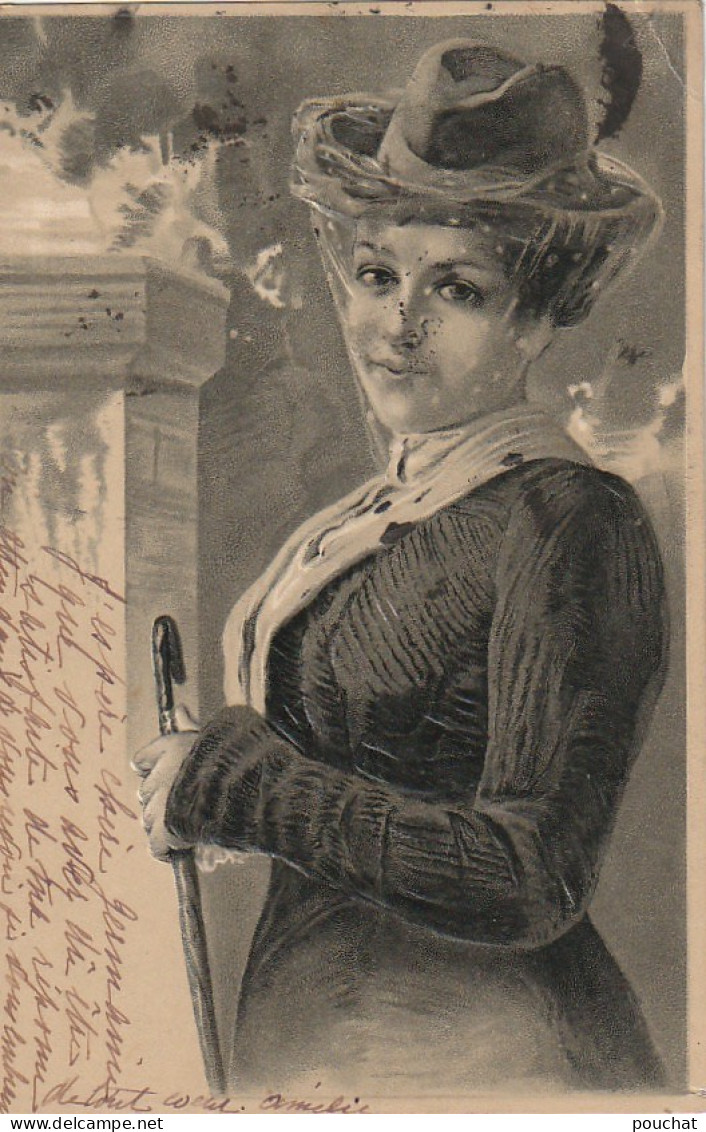 GU Nw - CARTE FANTAISIE GAUFREE - PORTRAIT DE FEMME CHAPEAUTEE ET VOILETTE - ILLUSTRATEUR- 2 SCANS - Frauen