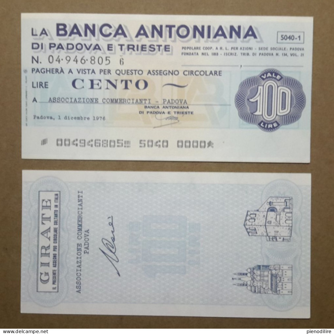 BANCA ANTONIANA DI PADOVA E TRIESTE, 100 Lire 01.12.1976 ASSOCIAZIONE COMMERCIANTI PADOVA (A1.66) - [10] Assegni E Miniassegni