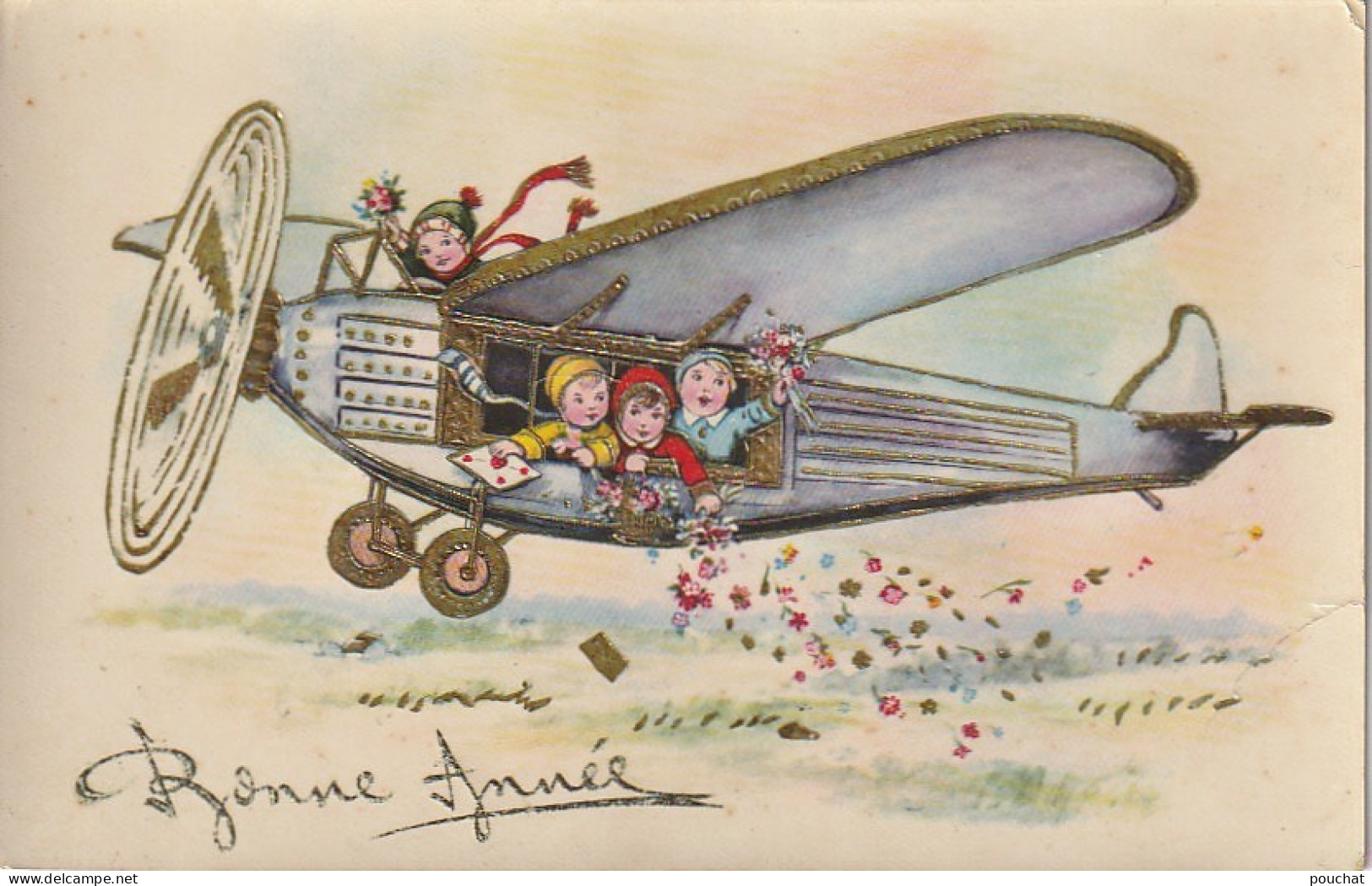 GU Nw - " BONNE ANNEE " - ENFANTS DISPERSANT DES FLEURS - AVION AVEC DORURE - ILLUSTRATEUR - 2 SCANS - Neujahr