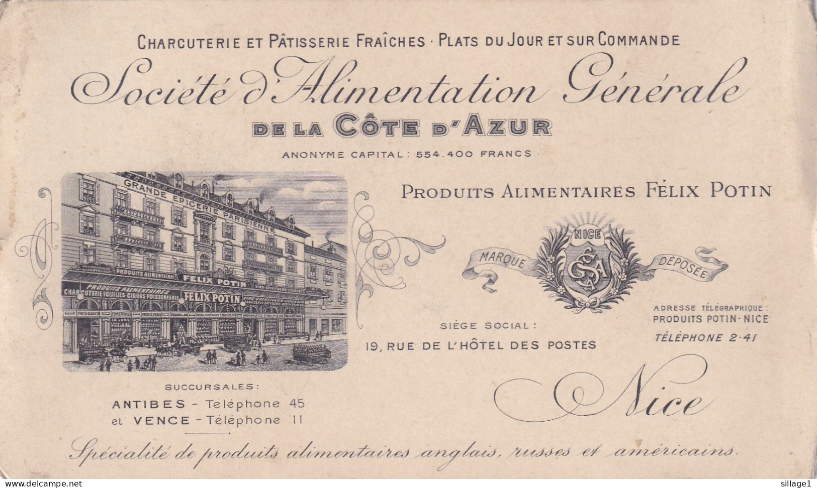 NICE ANTIBES VENCE (A-M 06 ) Société D'Alimentation Générale De La Côte D' Azur - Produits Alimentaires Félix Potin - Advertising