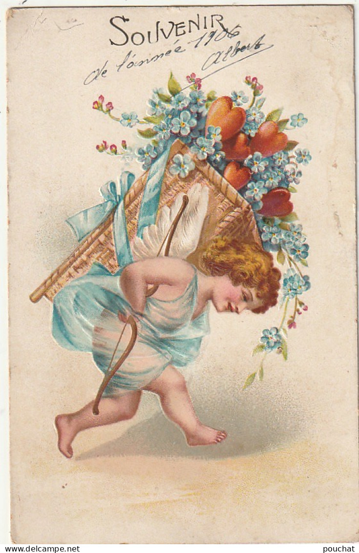 GU Nw - " SOUVENIR  " ( 1906 ) - CHERUBIN AVEC ARC PORTANT UNE PANIERE DE MYOSOTIS ET COEURS - CARTE GAUFREE - 2 SCANS - Altri & Non Classificati