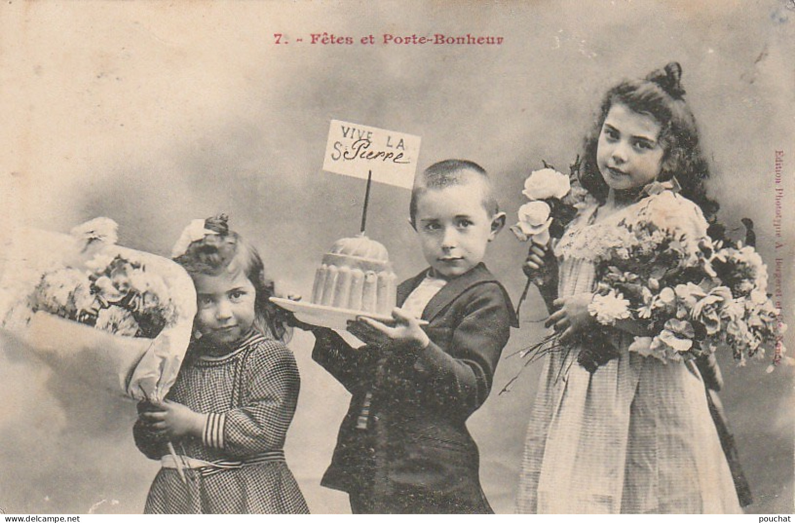 GU Nw - " FETES ET PORTE BONHEUR " - VIVE LA ST PIERRE - ENFANTS AVEC GATEAU ET FLEURS - BERGERET , NANCY - 2 SCANS - Groepen Kinderen En Familie