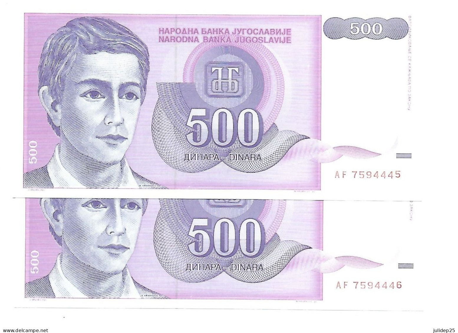 Yougoslavie Yugoslavia 500 Dinara 1992 UNC / NEUF - 2 Consecutive - Yugoslavia