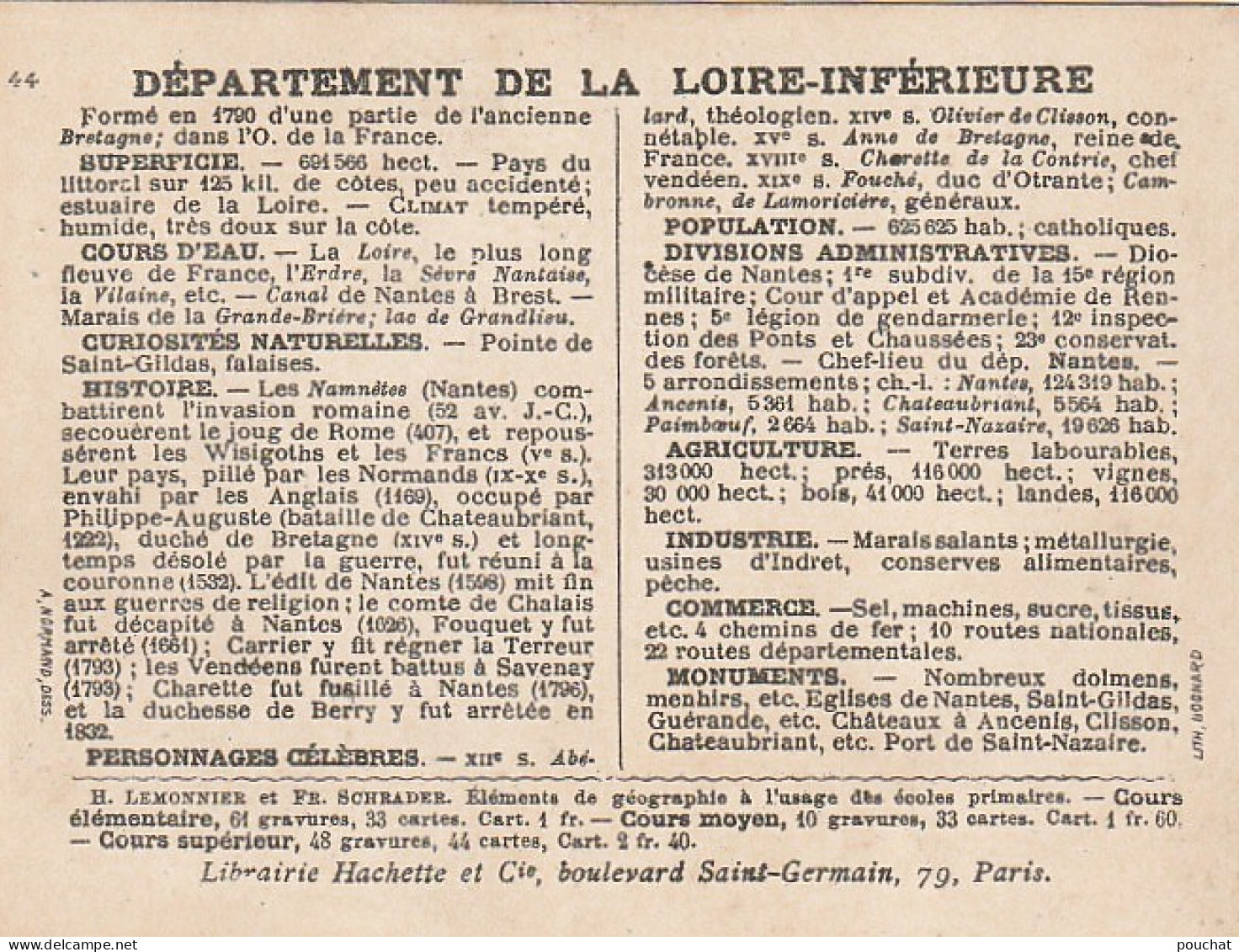 GU Nw -(44 ) CHROMO DEPARTEMENT DE LA LOIRE INFERIEURE , LIBRAIRIE HACHETTE  - ILLUSTRATION NORMAND - Autres & Non Classés
