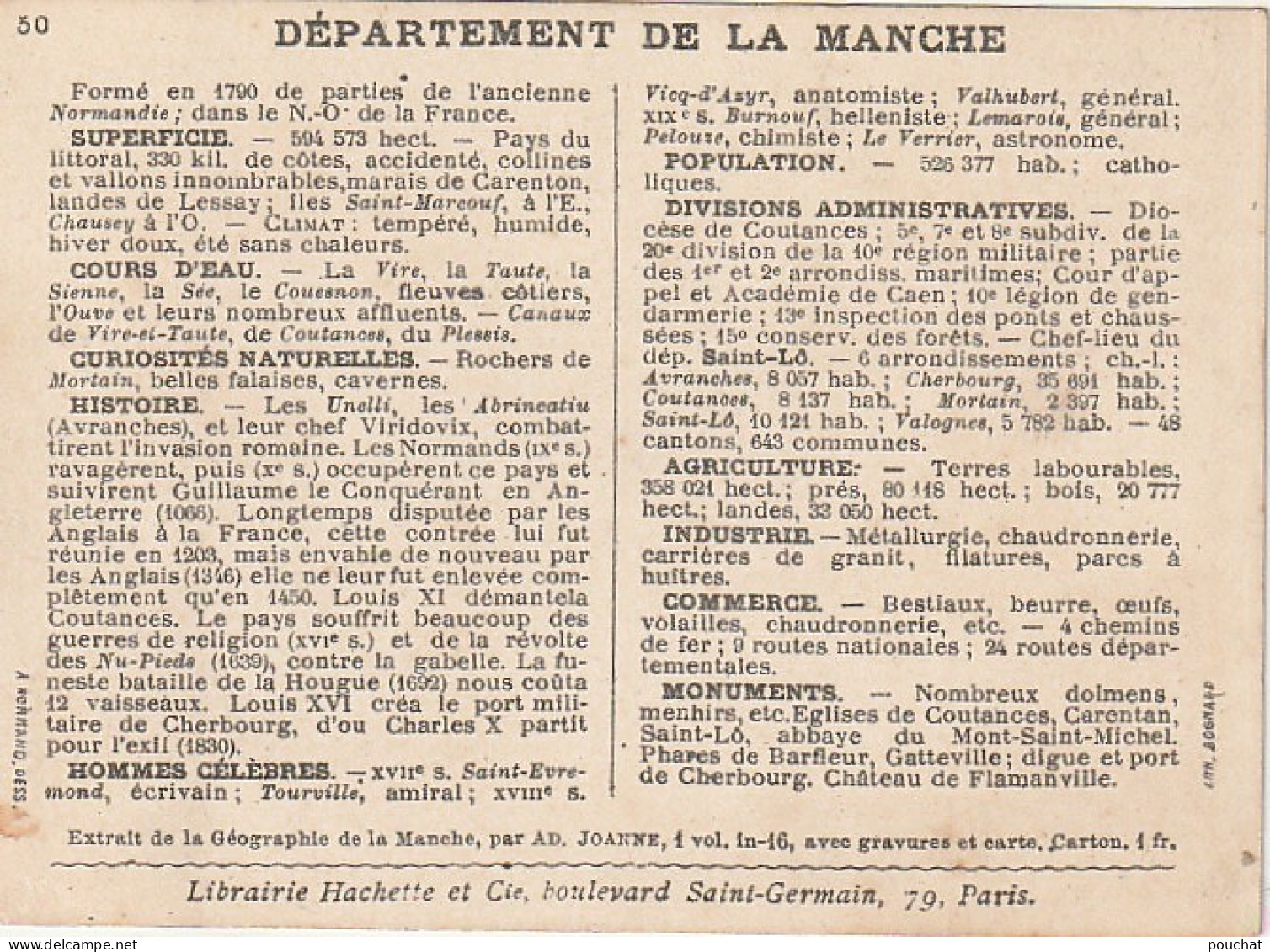 GU Nw -(50 ) CHROMO DEPARTEMENT DE LA MANCHE , LIBRAIRIE HACHETTE  - ILLUSTRATION NORMAND - Autres & Non Classés